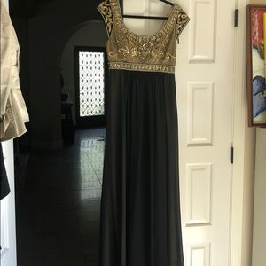 Long black gold and chiffon beaded dress